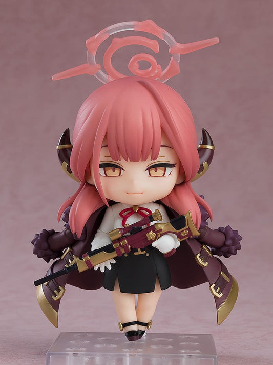 Blue Archive Nendoroid No.2470 Aru Rikuhachima - Detailed and playful figure of Aru Rikuhachima in a battle-ready pose with a crimson cape and a unique headpiece, equipped with her signature weapon, perfect for fans and collectors.