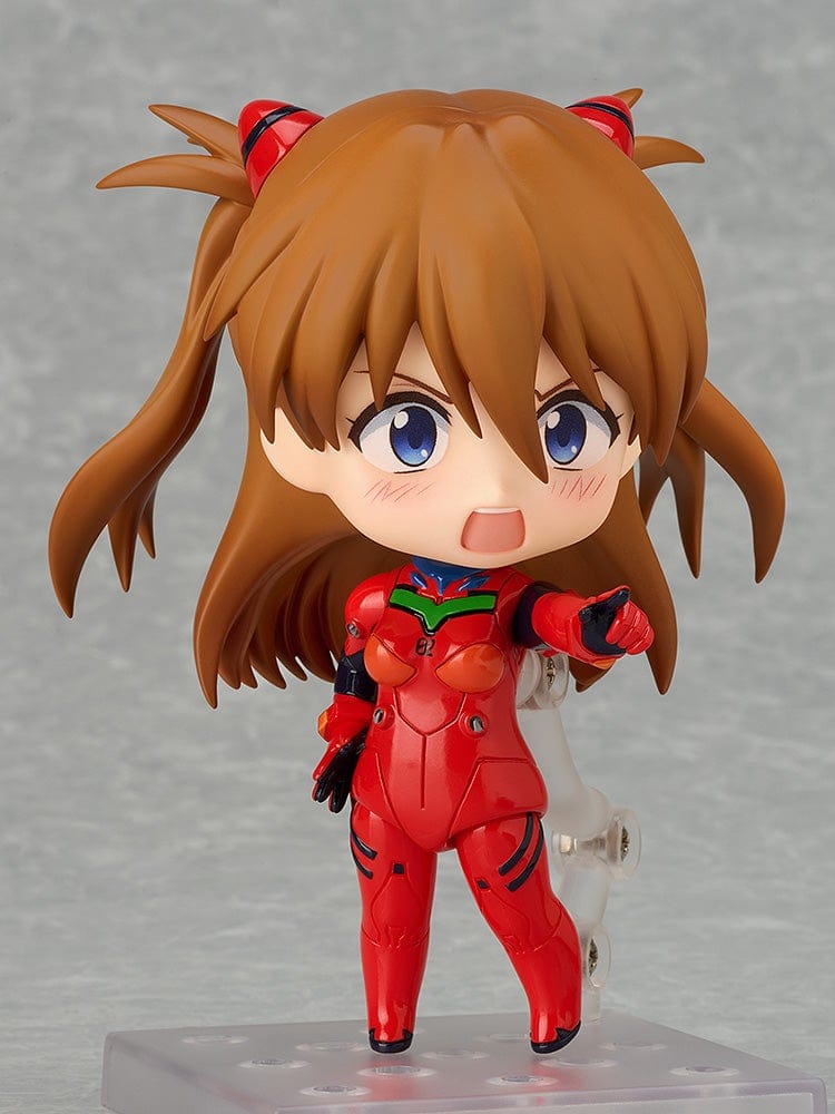 Neon Genesis Evangelion Nendoroid No.2677 Asuka Shikinami Langley Plugsuit Ver. 2 featuring a vibrant red plugsuit, dynamic pose, and detailed sculpting.