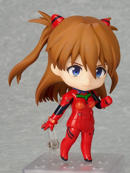 Neon Genesis Evangelion Nendoroid No.2677 Asuka Shikinami Langley Plugsuit Ver. 2 featuring a vibrant red plugsuit, dynamic pose, and detailed sculpting.