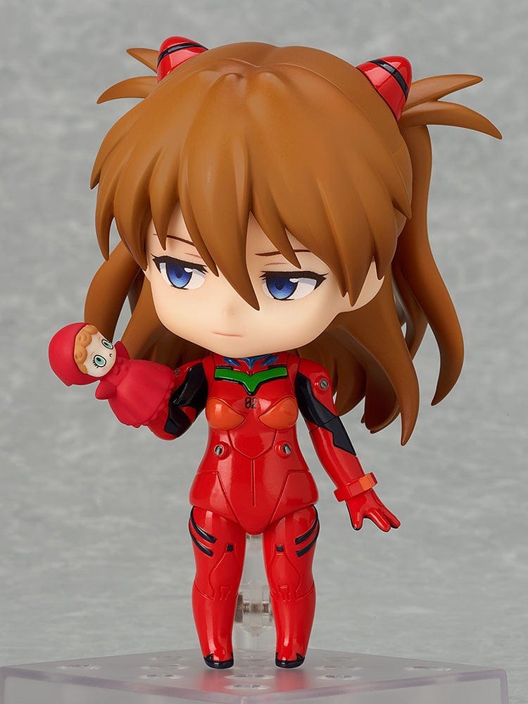 Neon Genesis Evangelion Nendoroid No.2677 Asuka Shikinami Langley Plugsuit Ver. 2 featuring a vibrant red plugsuit, dynamic pose, and detailed sculpting.