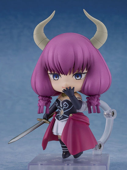 Frieren: Beyond Journey's End Nendoroid No.2683 Aura the Guillotine featuring magenta hair, horns, a red cape, and scales of judgment accessory.