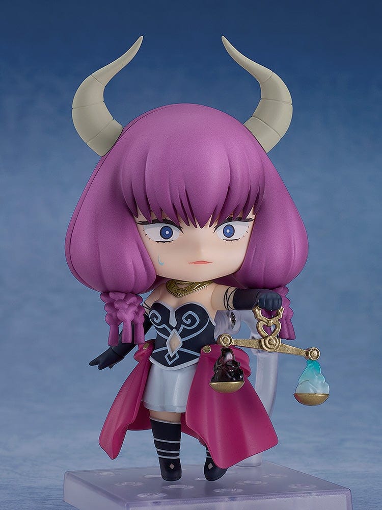 Frieren: Beyond Journey's End Nendoroid No.2683 Aura the Guillotine featuring magenta hair, horns, a red cape, and scales of judgment accessory.