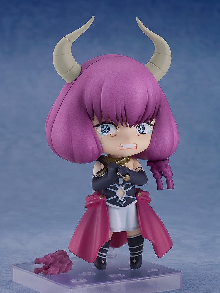 Frieren: Beyond Journey's End Nendoroid No.2683 Aura the Guillotine featuring magenta hair, horns, a red cape, and scales of judgment accessory.