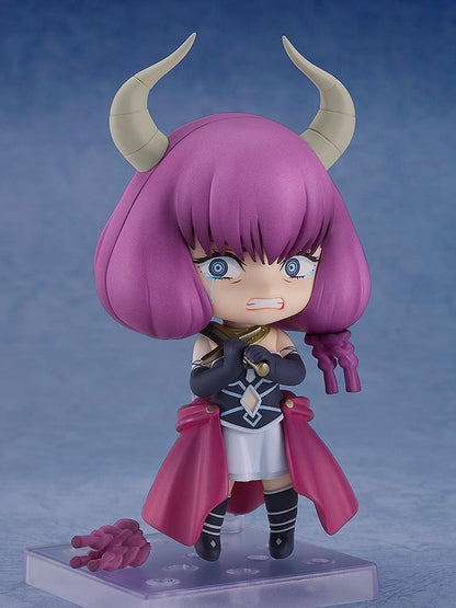 Frieren: Beyond Journey's End Nendoroid No.2683 Aura the Guillotine featuring magenta hair, horns, a red cape, and scales of judgment accessory.