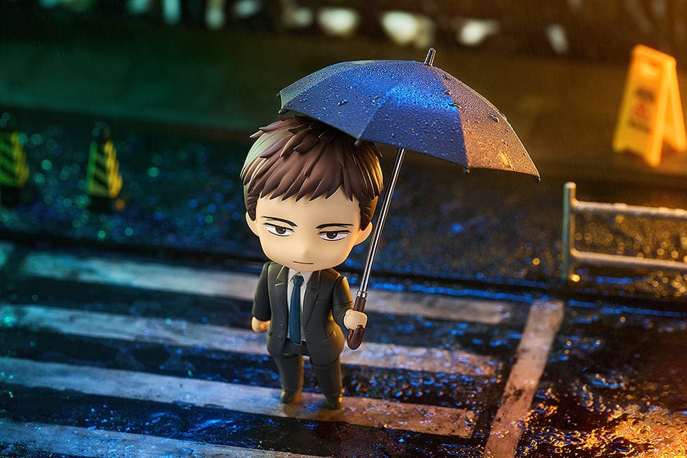 Twittering Birds Never Fly Nendoroid No.2655 Chikara Domeki figure in a dark suit with a calm expression, standing in a professional pose.