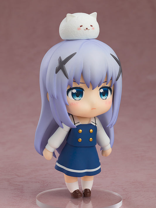 Is the Order a Rabbit? BLOOM Nendoroid No.2519 Chino Kafu (Winter Uniform Ver.) featuring cozy winter attire, beret, and interchangeable accessories, perfect for fans and collectors.