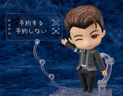 Detroit: Become Human Nendoroid Connor figure featuring the RK800 Cyberlife uniform, LED interface, and dynamic pose accessories, set against a blue background.