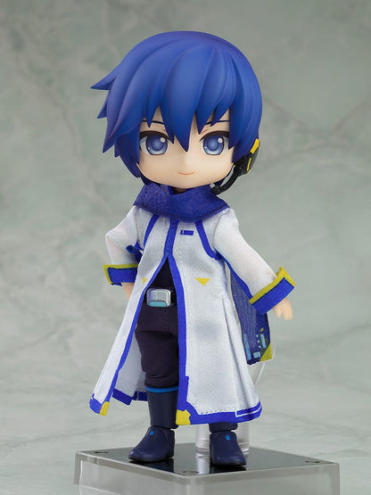 Vocaloid Nendoroid Doll KAITO in blue and white outfit with scarf and headset, posing with movable joints.