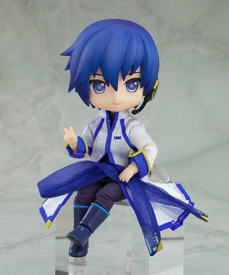 Vocaloid Nendoroid Doll KAITO in blue and white outfit with scarf and headset, posing with movable joints.