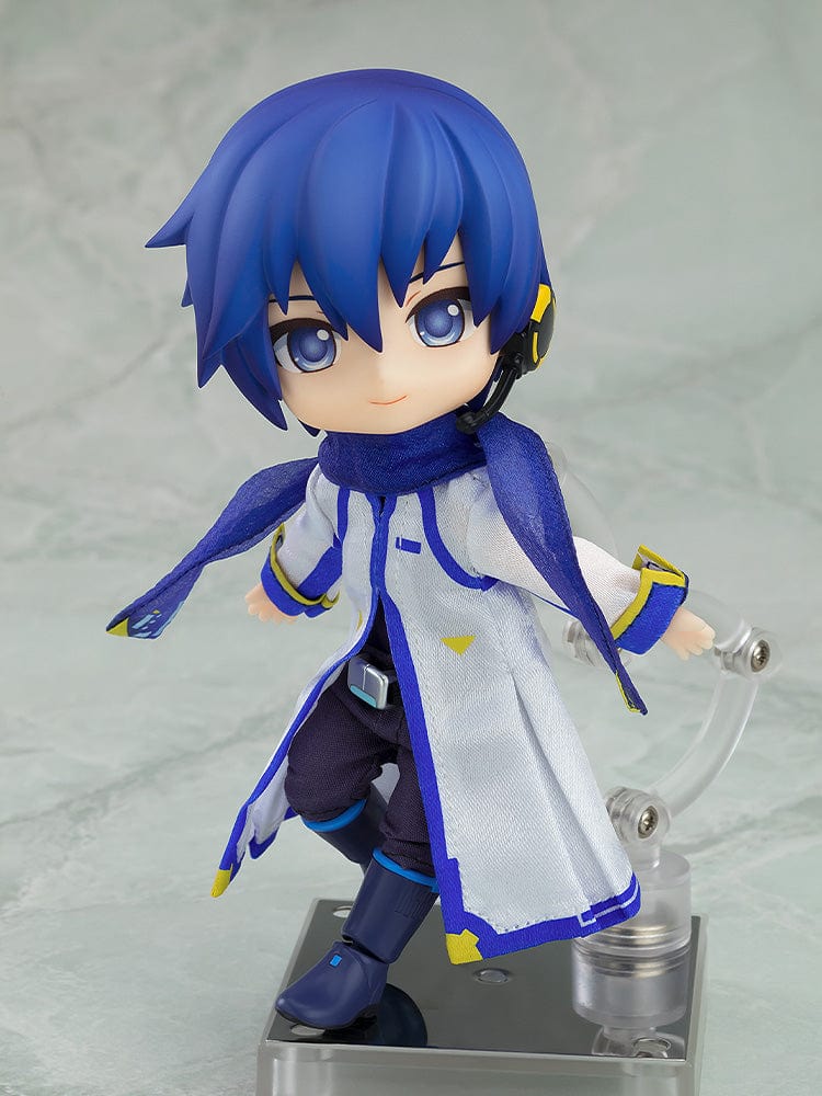 Vocaloid Nendoroid Doll KAITO in blue and white outfit with scarf and headset, posing with movable joints.