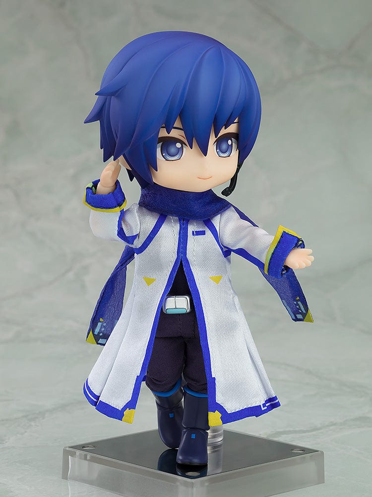 Vocaloid Nendoroid Doll KAITO in blue and white outfit with scarf and headset, posing with movable joints.