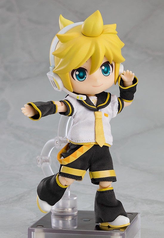 Vocaloid Nendoroid Doll Kagamine Len (Reissue) featuring a posable body, white and yellow outfit, cheerful expression, and dynamic pose.