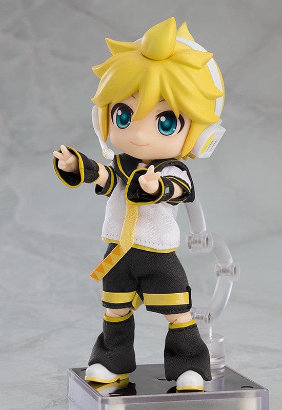 Vocaloid Nendoroid Doll Kagamine Len (Reissue) featuring a posable body, white and yellow outfit, cheerful expression, and dynamic pose.