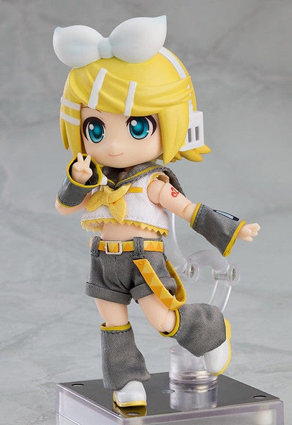 Vocaloid Nendoroid Doll Kagamine Rin (Reissue) featuring a posable body, yellow and gray outfit, white bow, and cheerful expression.