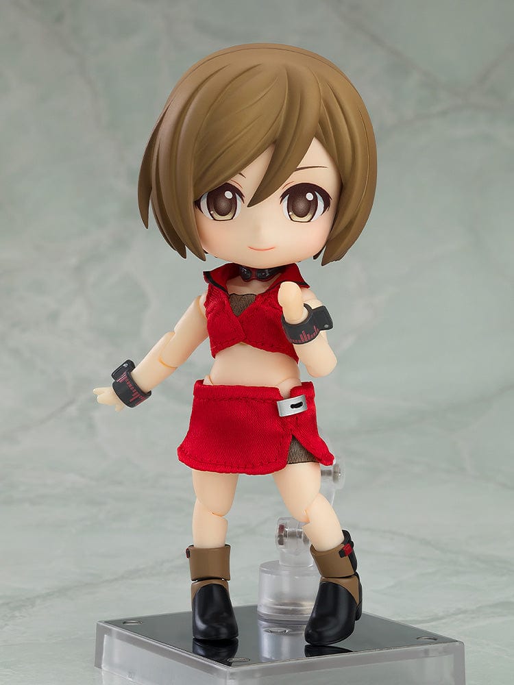 Vocaloid Nendoroid Doll MEIKO in classic red outfit with cropped top, mini skirt, and wrist accessories, featuring movable joints.