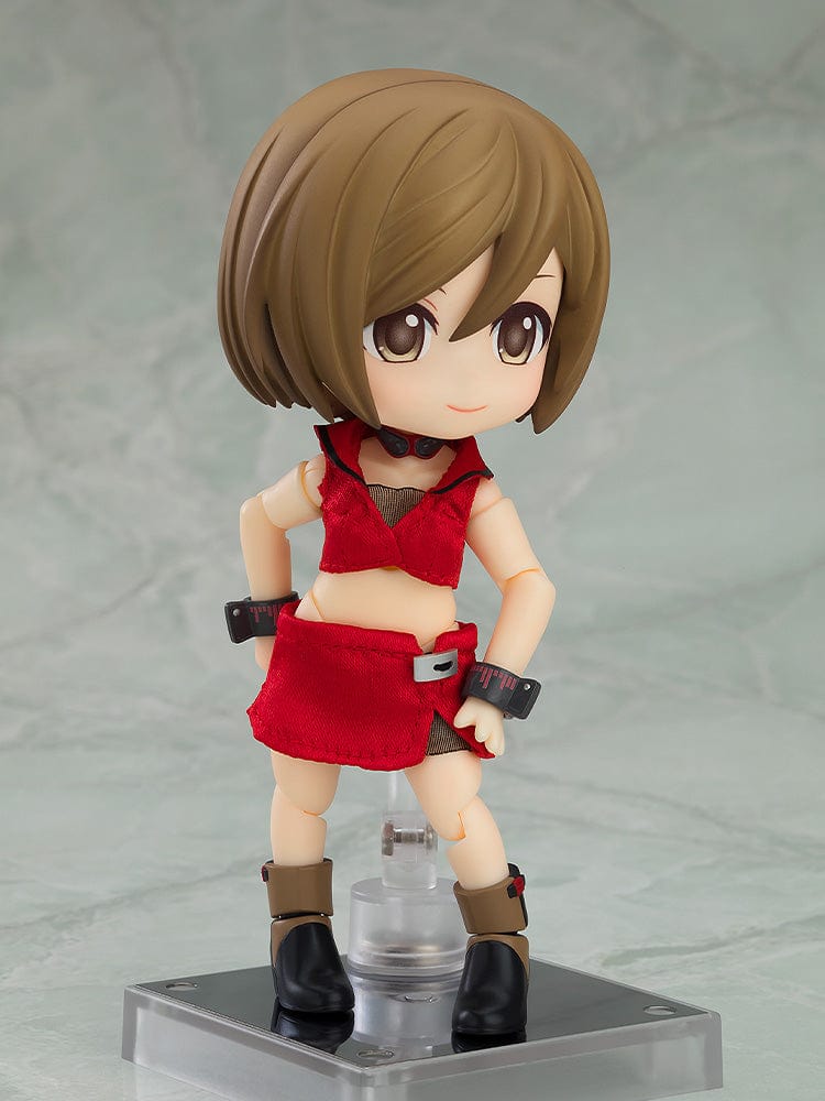 Vocaloid Nendoroid Doll MEIKO in classic red outfit with cropped top, mini skirt, and wrist accessories, featuring movable joints.