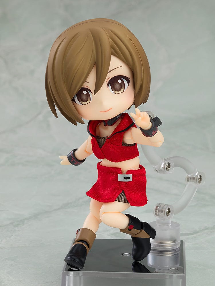 Vocaloid Nendoroid Doll MEIKO in classic red outfit with cropped top, mini skirt, and wrist accessories, featuring movable joints.