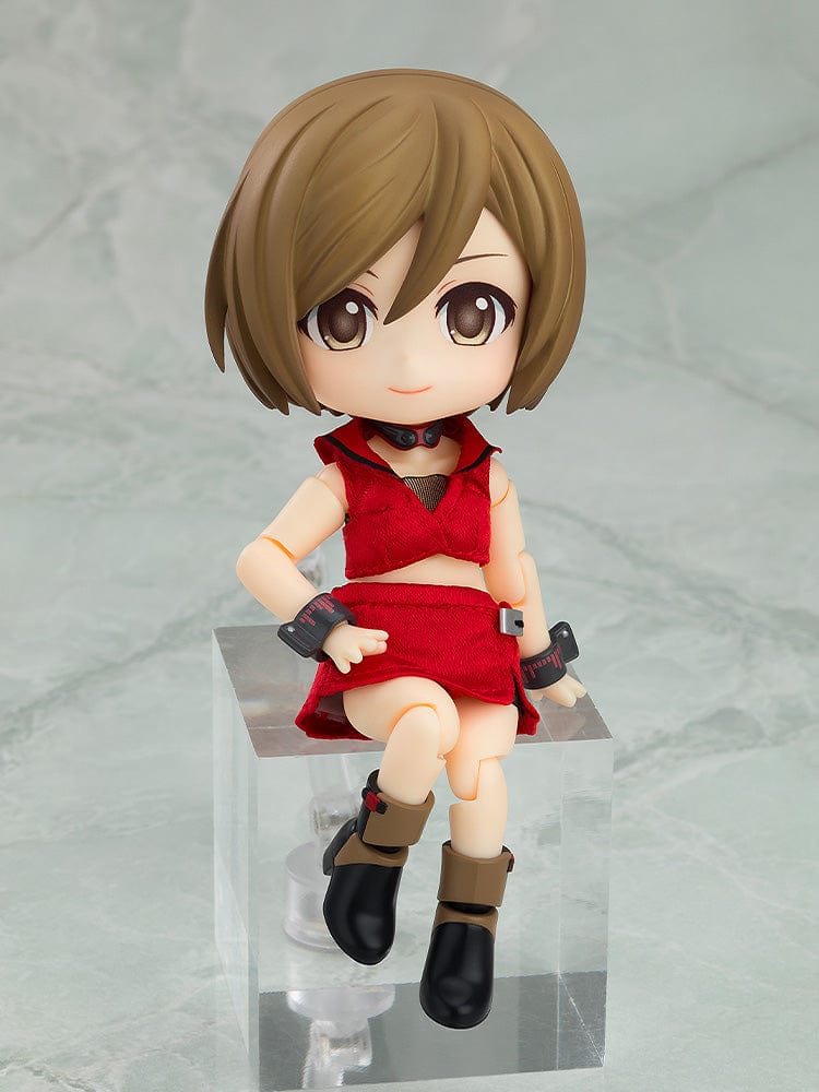 Vocaloid Nendoroid Doll MEIKO in classic red outfit with cropped top, mini skirt, and wrist accessories, featuring movable joints.