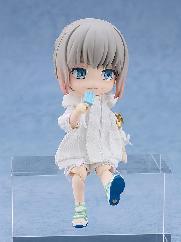 Fate/Grand Order Nendoroid Doll Pretender/Oberon (Refreshing Summer Prince Ver.) featuring Oberon in a white summer outfit with a popsicle, capturing a playful and refreshing summer theme.