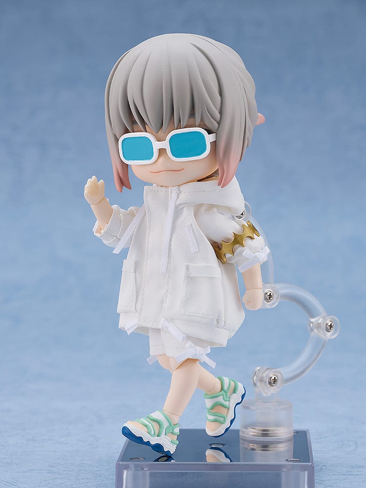 Fate/Grand Order Nendoroid Doll Pretender/Oberon (Refreshing Summer Prince Ver.) featuring Oberon in a white summer outfit with a popsicle, capturing a playful and refreshing summer theme.