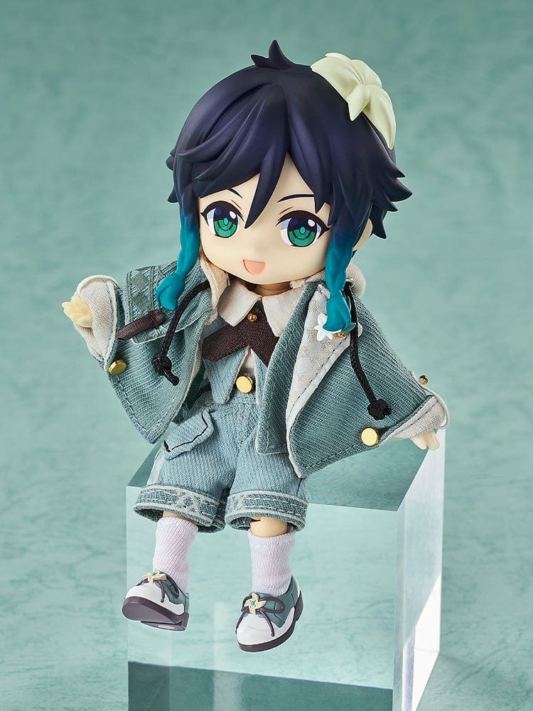 Genshin Impact Nendoroid Doll Venti (Blue Ballad Ver.) featuring a denim-style outfit, teal braids, and a floral hair accessory in a playful pose.