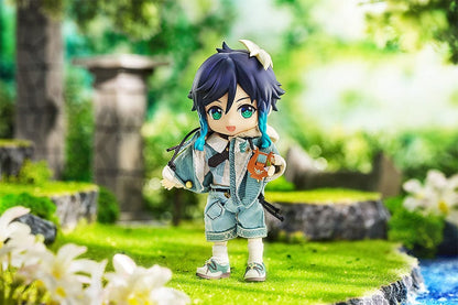 Genshin Impact Nendoroid Doll Venti (Blue Ballad Ver.) featuring a denim-style outfit, teal braids, and a floral hair accessory in a playful pose.