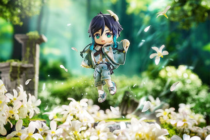 Genshin Impact Nendoroid Doll Venti (Blue Ballad Ver.) featuring a denim-style outfit, teal braids, and a floral hair accessory in a playful pose.