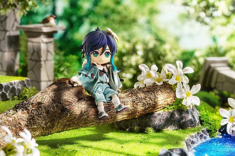 Genshin Impact Nendoroid Doll Venti (Blue Ballad Ver.) featuring a denim-style outfit, teal braids, and a floral hair accessory in a playful pose.