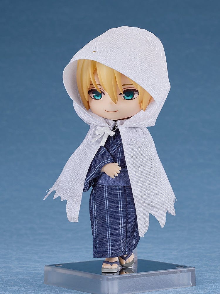 Touken Ranbu ONLINE Nendoroid Doll Yamanbagiri Kunihiro: Casual Outfit Ver. figure featuring a traditional blue yukata and white hooded cape, posed against a blue background.