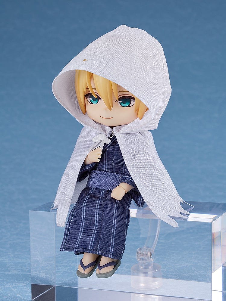 Touken Ranbu ONLINE Nendoroid Doll Yamanbagiri Kunihiro: Casual Outfit Ver. figure featuring a traditional blue yukata and white hooded cape, posed against a blue background.