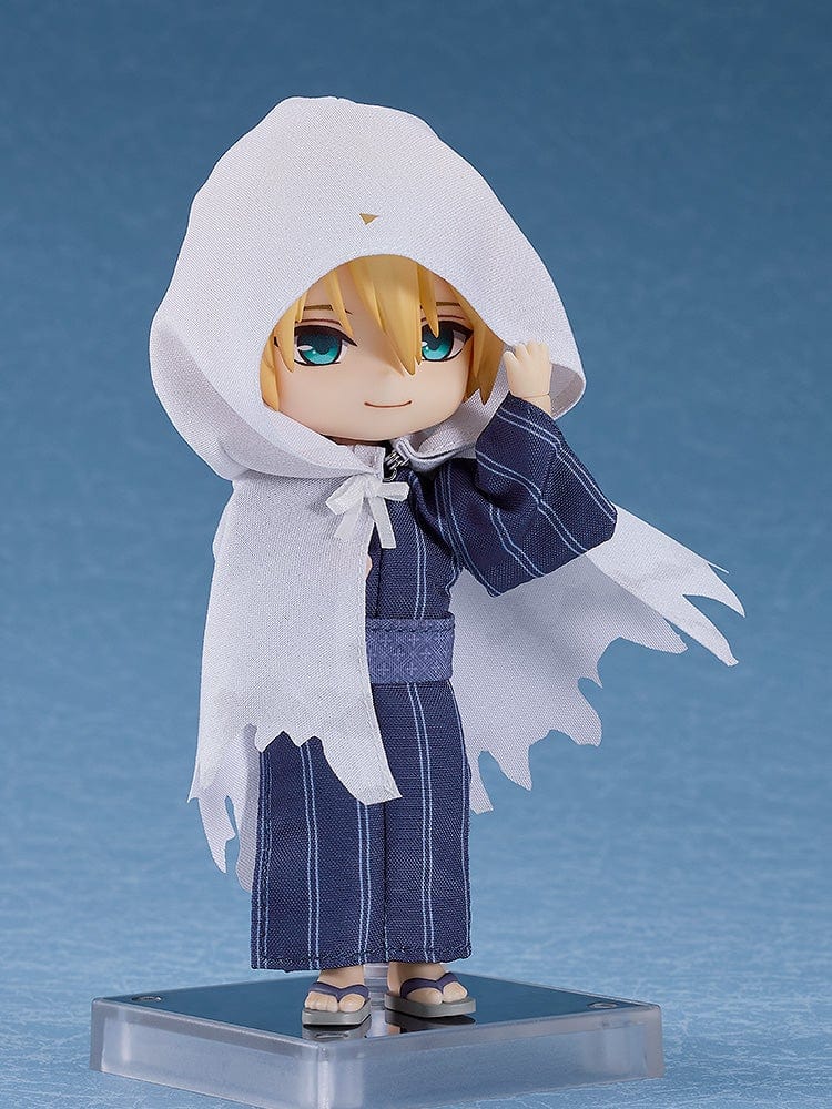 Touken Ranbu ONLINE Nendoroid Doll Yamanbagiri Kunihiro: Casual Outfit Ver. figure featuring a traditional blue yukata and white hooded cape, posed against a blue background.