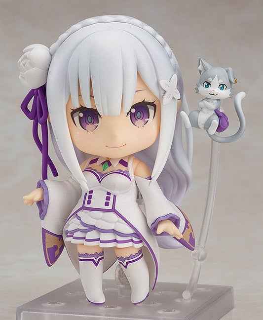 Re:Zero Nendoroid No.751 Emilia figure in white and purple outfit with Puck spirit figure floating beside her, detailed chibi style with purple eyes

