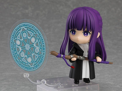 Frieren: Beyond Journey's End Nendoroid No.2368 Fern reissue figure featuring purple hair, black cloak, and iconic staff on a display base.