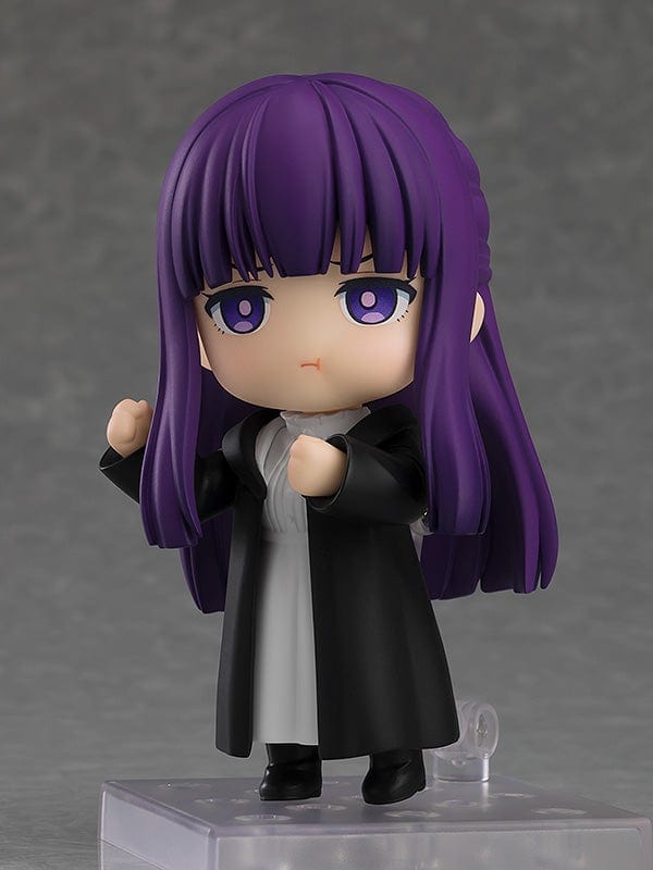 Frieren: Beyond Journey's End Nendoroid No.2368 Fern reissue figure featuring purple hair, black cloak, and iconic staff on a display base.