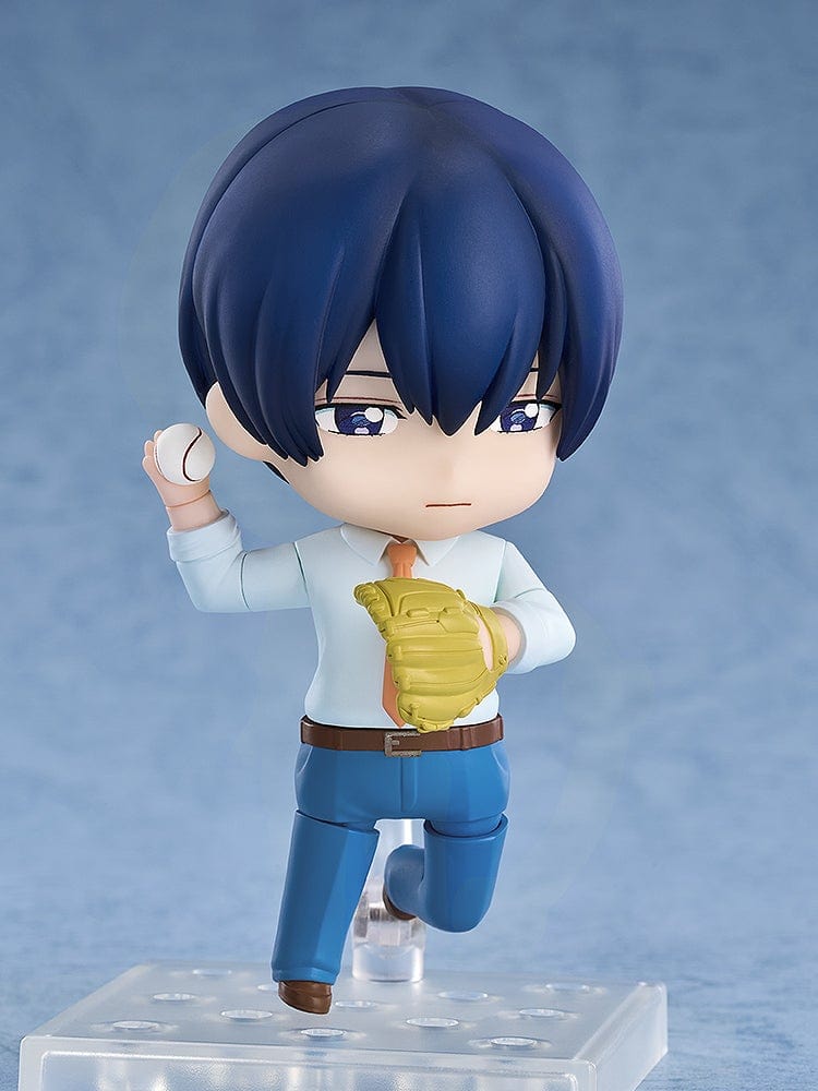 Oblivion Battery Nendoroid No.2644 Haruka Kiyomine figure in a light blue shirt, orange tie, and blue pants, holding a baseball glove.