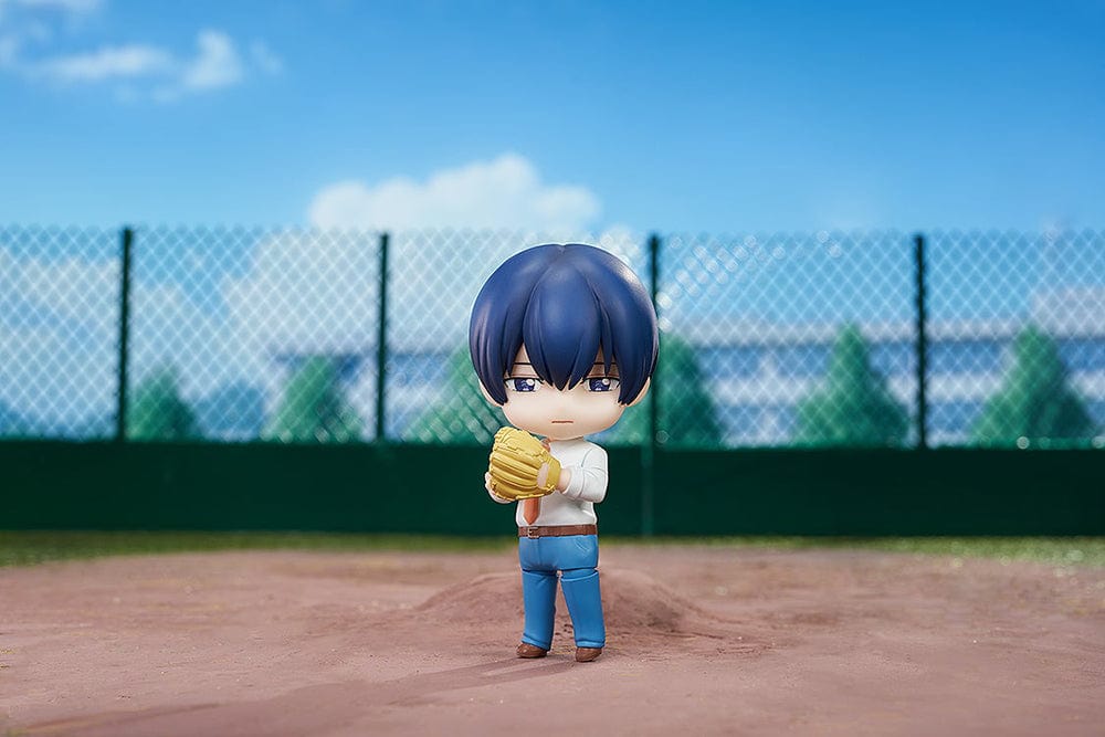 Oblivion Battery Nendoroid No.2644 Haruka Kiyomine figure in a light blue shirt, orange tie, and blue pants, holding a baseball glove.