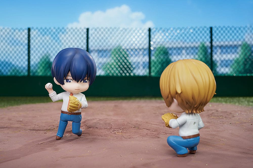 Oblivion Battery Nendoroid No.2644 Haruka Kiyomine figure in a light blue shirt, orange tie, and blue pants, holding a baseball glove.