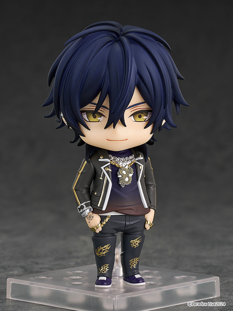 Paradox Live Nendoroid No.2473 Haruomi Shingu figure featuring Haruomi in his signature outfit with detailed accessories and tattoos, standing at approximately 10 cm tall and including interchangeable parts for dynamic posing.
