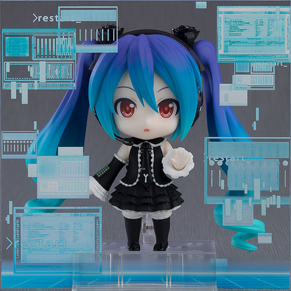Vocaloid Nendoroid No.2534 Hatsune Miku (Infinity Ver.) featuring Miku in a chibi form with blue and teal twin-tails, dressed in a black and white outfit, with multiple points of articulation and detailed accessories.