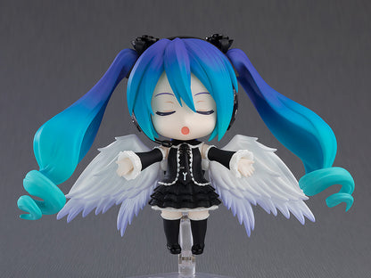 Vocaloid Nendoroid No.2534 Hatsune Miku (Infinity Ver.) featuring Miku in a chibi form with blue and teal twin-tails, dressed in a black and white outfit, with multiple points of articulation and detailed accessories.
