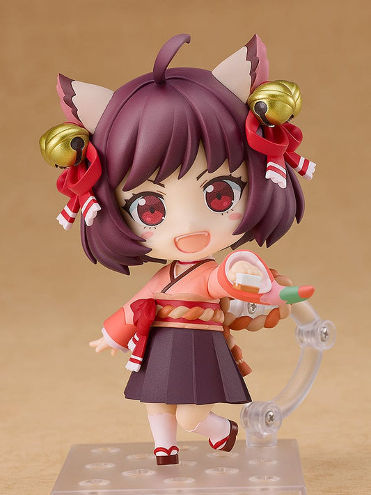 Mahjong Soul's Ichihime Nendoroid, featuring her in a festive outfit with a combination of red and purple, detailed with golden bells and red ribbons. She is accessorized with fox-like ears and holds a tray with mahjong tiles and dango, showcasing her lively and adorable expression.