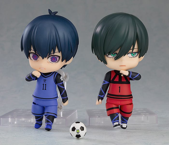 Blue Lock Nendoroid No.2327 showcasing Itoshi Rin, a captivating and finely crafted collectible figure inspired by the character from the soccer-themed manga and anime, Blue Lock. Rin is portrayed in a dynamic pose, highlighting the essence of his athletic prowess and determination.