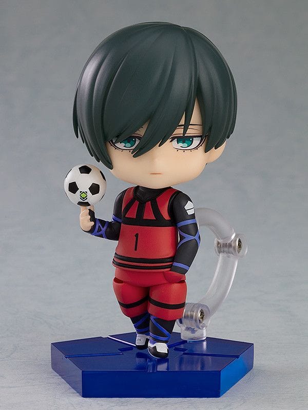Blue Lock Nendoroid No.2327 Rin Itoshi chibi figure in Blue Lock uniform holding a soccer ball