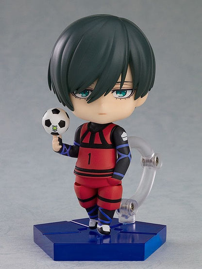 Blue Lock Nendoroid No.2327 Rin Itoshi chibi figure in Blue Lock uniform holding a soccer ball