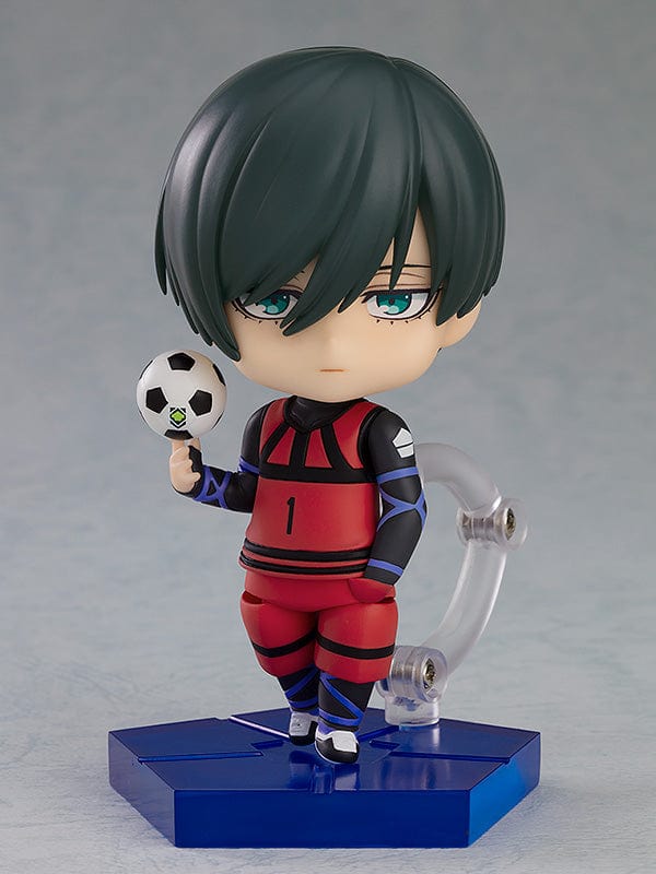 Blue Lock Nendoroid No.2327 showcasing Itoshi Rin, a captivating and finely crafted collectible figure inspired by the character from the soccer-themed manga and anime, Blue Lock. Rin is portrayed in a dynamic pose, highlighting the essence of his athletic prowess and determination.