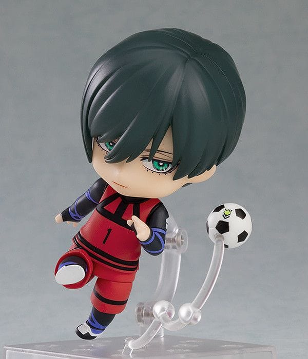 Blue Lock Nendoroid No.2327 Rin Itoshi chibi figure in Blue Lock uniform holding a soccer ball