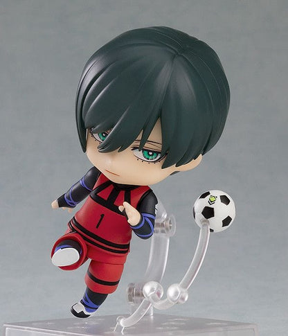Blue Lock Nendoroid No.2327 Rin Itoshi chibi figure in Blue Lock uniform holding a soccer ball