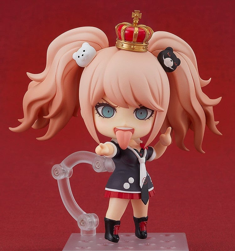 Danganronpa 1.2 Reload Nendoroid No.1398 Junko Enoshima (Reissue) with Monokuma, twin-tail hairstyle, and detailed school uniform on a red background.