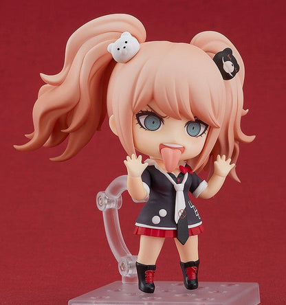 Danganronpa 1.2 Reload Nendoroid No.1398 Junko Enoshima (Reissue) with Monokuma, twin-tail hairstyle, and detailed school uniform on a red background.