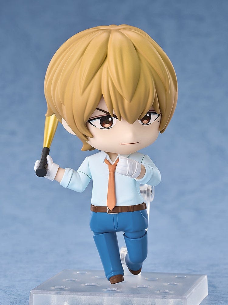 Oblivion Battery Nendoroid No.2645 Kei Kaname figure with a confident expression, white shirt, blue pants, orange tie, and holding a durian.